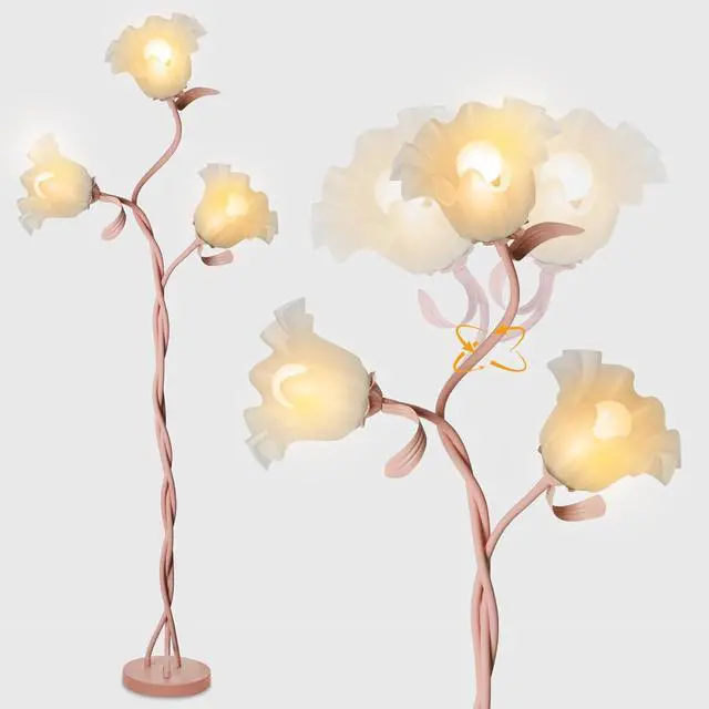 Alt view image 6 of 7 - Flower Floor Lamp for Living Room, Tall Standing Reading Lamp with Flexible Neck Shaft for Bedroom Decor, Modern Corner Floor Lamps with 3-Color Temperatures LED Bulb (Pink)
