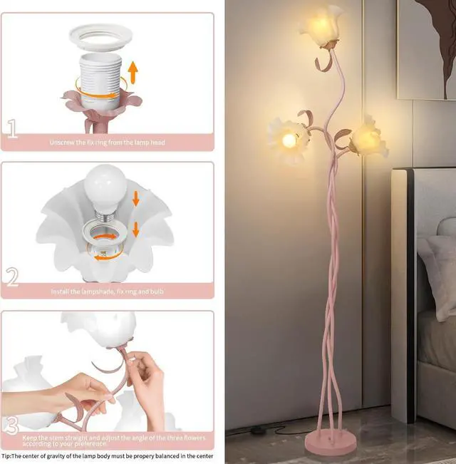 Alt view image 5 of 7 - Flower Floor Lamp for Living Room, Tall Standing Reading Lamp with Flexible Neck Shaft for Bedroom Decor, Modern Corner Floor Lamps with 3-Color Temperatures LED Bulb (Pink)