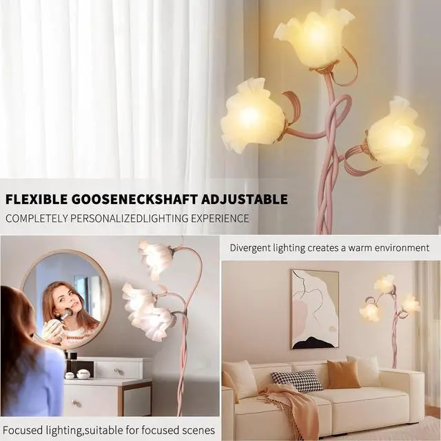 Alt view image 7 of 7 - Flower Floor Lamp for Living Room, Tall Standing Reading Lamp with Flexible Neck Shaft for Bedroom Decor, Modern Corner Floor Lamps with 3-Color Temperatures LED Bulb (Pink)