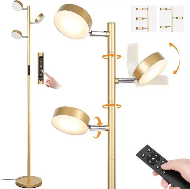 Main image of Gold Floor Lamp for Living Room with Remote Modern Tall Standing Lamp Dimmable LED Brass Tree Floor Lamps with 3 Adjustable Heads Touch Control 4 Color Temperatures for Bedroom Office Reading