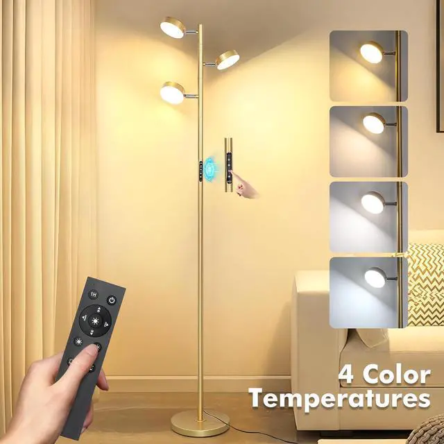 Alt view image 2 of 7 - Gold Floor Lamp for Living Room with Remote Modern Tall Standing Lamp Dimmable LED Brass Tree Floor Lamps with 3 Adjustable Heads Touch Control 4 Color Temperatures for Bedroom Office Reading