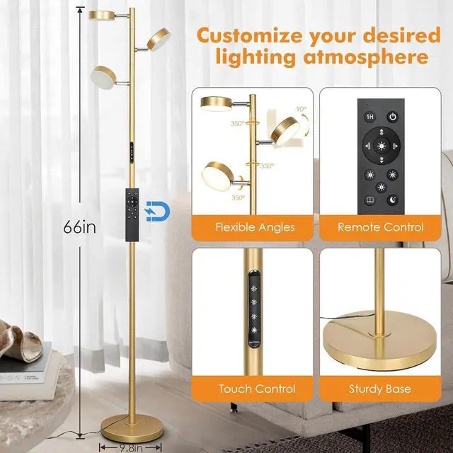 Alt view image 3 of 7 - Gold Floor Lamp for Living Room with Remote Modern Tall Standing Lamp Dimmable LED Brass Tree Floor Lamps with 3 Adjustable Heads Touch Control 4 Color Temperatures for Bedroom Office Reading