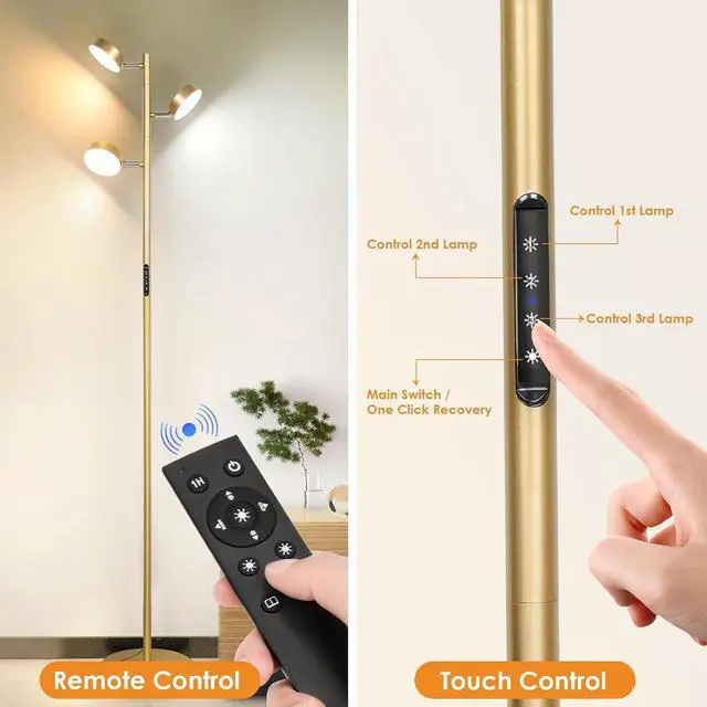Alt view image 5 of 7 - Gold Floor Lamp for Living Room with Remote Modern Tall Standing Lamp Dimmable LED Brass Tree Floor Lamps with 3 Adjustable Heads Touch Control 4 Color Temperatures for Bedroom Office Reading