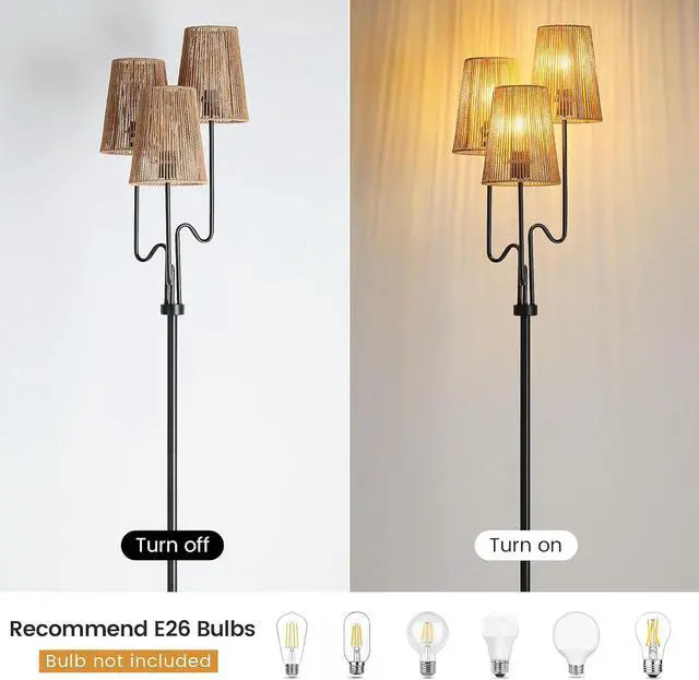 Alt view image 2 of 7 - Boho Floor Lamp, 68in. Rattan Floor Lamps with Rattan Shade,3 Light Tree Standing Lamp for Bedroom,Nursery,E26 Socket, Living Room Floor Lamp for Rustic,Coastal, Beach or Bohemian Decor (Black)