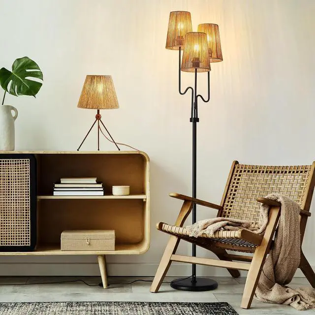 Alt view image 4 of 7 - Boho Floor Lamp, 68in. Rattan Floor Lamps with Rattan Shade,3 Light Tree Standing Lamp for Bedroom,Nursery,E26 Socket, Living Room Floor Lamp for Rustic,Coastal, Beach or Bohemian Decor (Black)