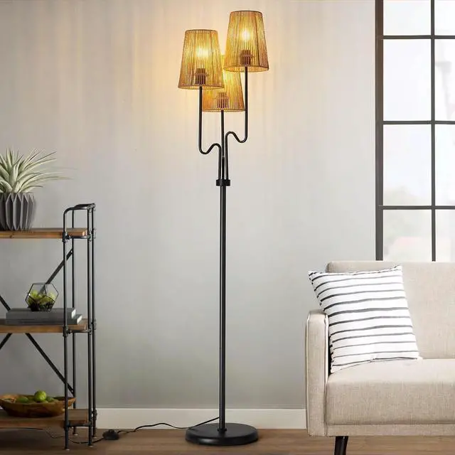 Alt view image 5 of 7 - Boho Floor Lamp, 68in. Rattan Floor Lamps with Rattan Shade,3 Light Tree Standing Lamp for Bedroom,Nursery,E26 Socket, Living Room Floor Lamp for Rustic,Coastal, Beach or Bohemian Decor (Black)