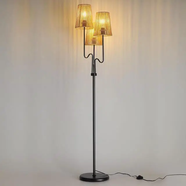 Alt view image 7 of 7 - Boho Floor Lamp, 68in. Rattan Floor Lamps with Rattan Shade,3 Light Tree Standing Lamp for Bedroom,Nursery,E26 Socket, Living Room Floor Lamp for Rustic,Coastal, Beach or Bohemian Decor (Black)