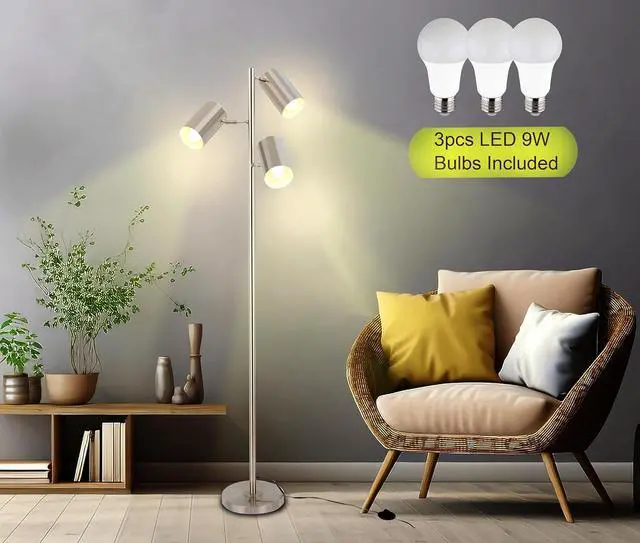 Alt view image 2 of 6 - Tree Floor Lamp with 3 Light Bulbs,Nickel Standing Tall Pole Lamp with 3 Adjustable Rotating Lights,Farmhouse Floor Lamp for Living Room Bedroom Office,Vintage Standing Lamp 9W E26 LED Bulbs Included.