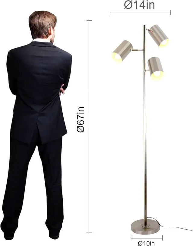 Alt view image 3 of 6 - Tree Floor Lamp with 3 Light Bulbs,Nickel Standing Tall Pole Lamp with 3 Adjustable Rotating Lights,Farmhouse Floor Lamp for Living Room Bedroom Office,Vintage Standing Lamp 9W E26 LED Bulbs Included.