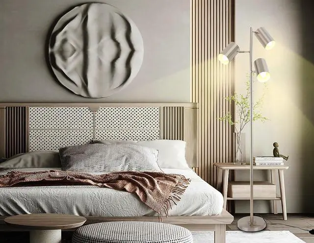 Alt view image 4 of 6 - Tree Floor Lamp with 3 Light Bulbs,Nickel Standing Tall Pole Lamp with 3 Adjustable Rotating Lights,Farmhouse Floor Lamp for Living Room Bedroom Office,Vintage Standing Lamp 9W E26 LED Bulbs Included.