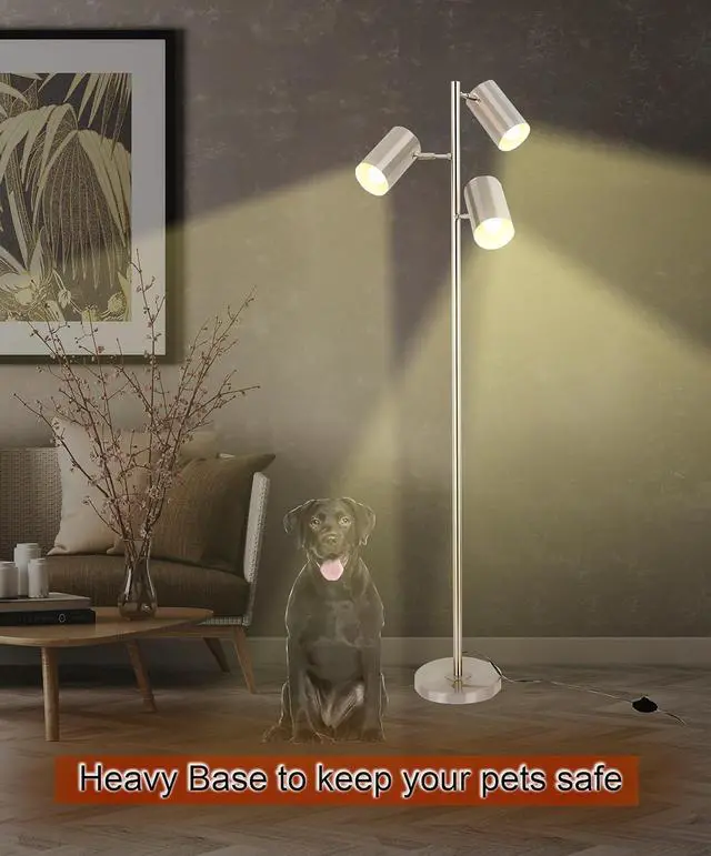 Alt view image 5 of 6 - Tree Floor Lamp with 3 Light Bulbs,Nickel Standing Tall Pole Lamp with 3 Adjustable Rotating Lights,Farmhouse Floor Lamp for Living Room Bedroom Office,Vintage Standing Lamp 9W E26 LED Bulbs Included.