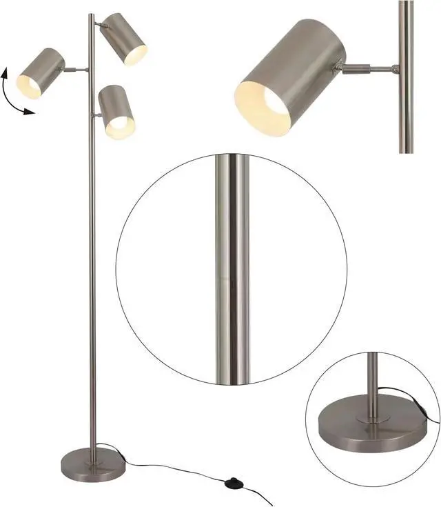 Alt view image 6 of 6 - Tree Floor Lamp with 3 Light Bulbs,Nickel Standing Tall Pole Lamp with 3 Adjustable Rotating Lights,Farmhouse Floor Lamp for Living Room Bedroom Office,Vintage Standing Lamp 9W E26 LED Bulbs Included.