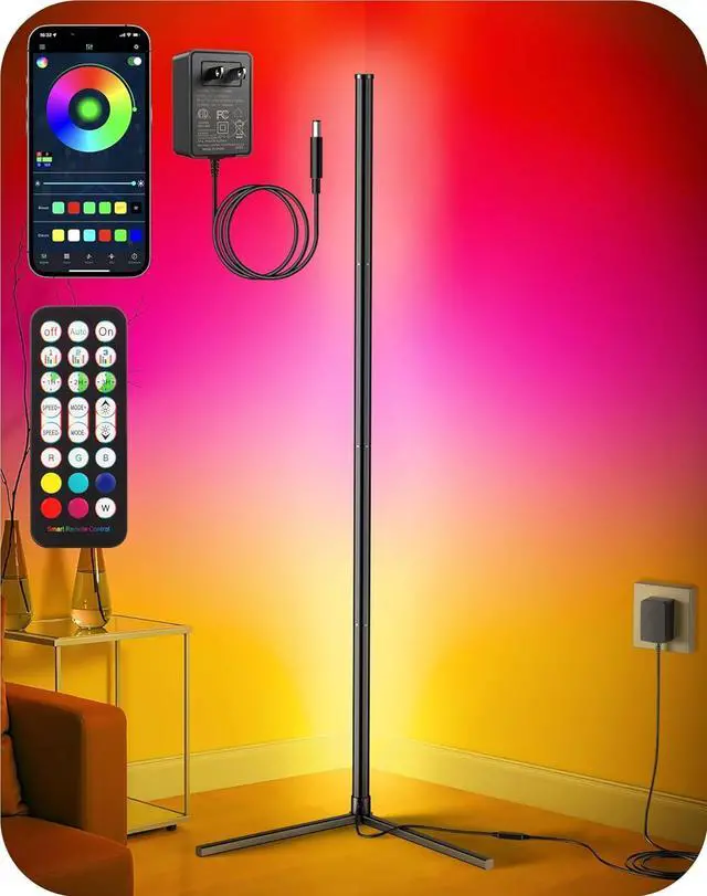 Main image of Corner Floor Lamp, Modern LED Corner Lamp with AC Adapter & APP & Remote Control, 16 Million Colors, 68+ Scene Modes, Music Sync, Ambient Lighting for Living Room, Bedroom, and Gaming Room