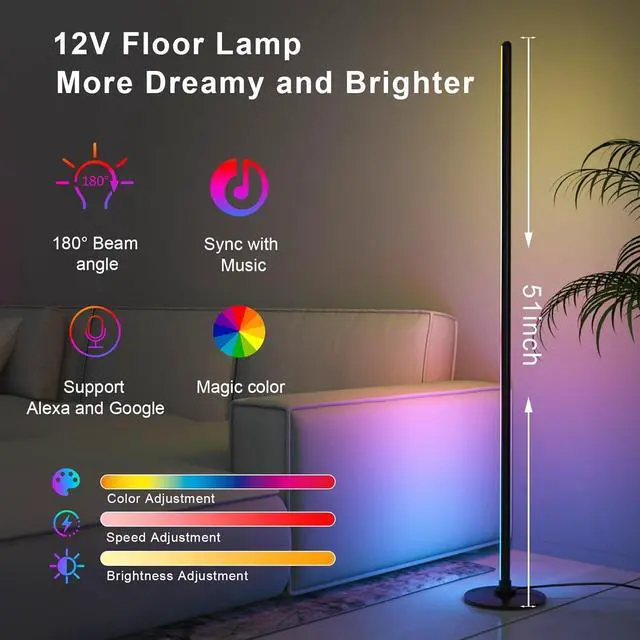 Alt view image 3 of 6 - Corner Floor Lamp 2-Pack with Alexa, Smart Modern Floor Lamp with Music Sync 16 Million Colors & 68+ Scene with APP and Remote Control, for Bedroom Living Room