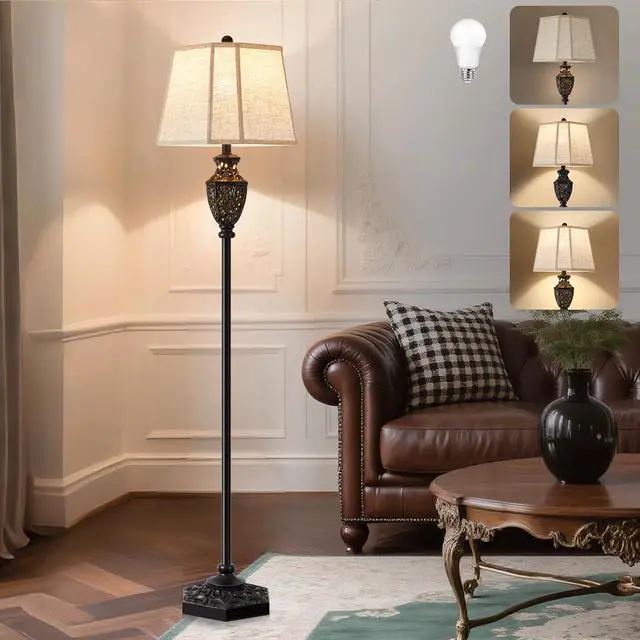 Main image of Luvkczc Vintage Black Floor Lamp - Hand-Painted Gold Resin with 6-Sided Carved Hollow Nightlight, Traditional Standing Lamp for Living Room, Bedroom, Study (Bulb Included)