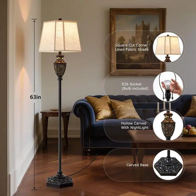 Alt view image 2 of 7 - Luvkczc Vintage Black Floor Lamp - Hand-Painted Gold Resin with 6-Sided Carved Hollow Nightlight, Traditional Standing Lamp for Living Room, Bedroom, Study (Bulb Included)