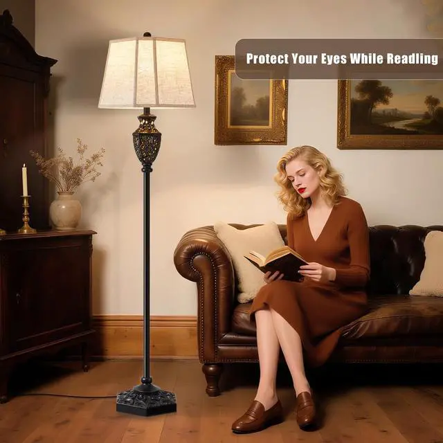 Alt view image 4 of 7 - Luvkczc Vintage Black Floor Lamp - Hand-Painted Gold Resin with 6-Sided Carved Hollow Nightlight, Traditional Standing Lamp for Living Room, Bedroom, Study (Bulb Included)