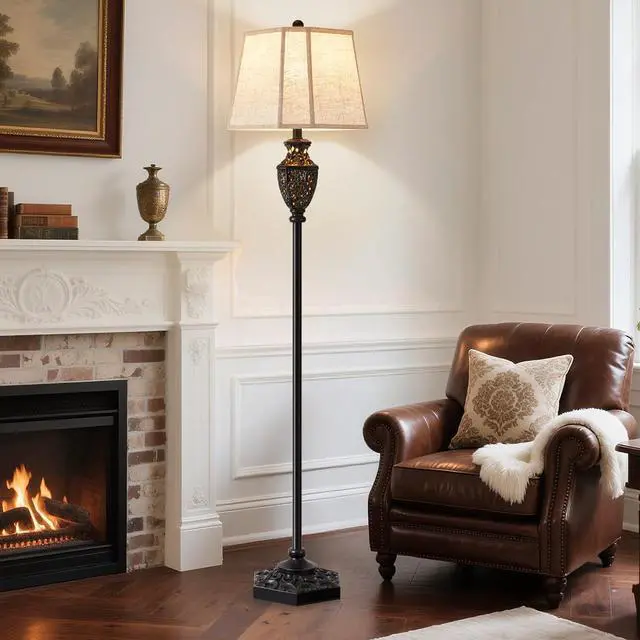 Alt view image 6 of 7 - Luvkczc Vintage Black Floor Lamp - Hand-Painted Gold Resin with 6-Sided Carved Hollow Nightlight, Traditional Standing Lamp for Living Room, Bedroom, Study (Bulb Included)