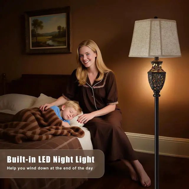 Alt view image 5 of 7 - Luvkczc Vintage Black Floor Lamp - Hand-Painted Gold Resin with 6-Sided Carved Hollow Nightlight, Traditional Standing Lamp for Living Room, Bedroom, Study (Bulb Included)