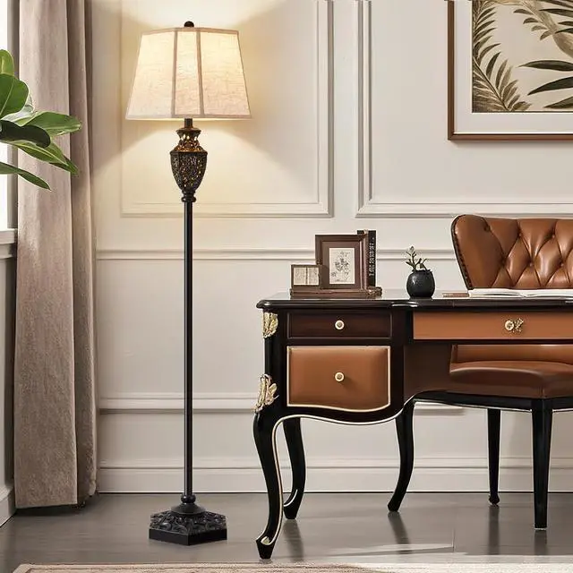 Alt view image 7 of 7 - Luvkczc Vintage Black Floor Lamp - Hand-Painted Gold Resin with 6-Sided Carved Hollow Nightlight, Traditional Standing Lamp for Living Room, Bedroom, Study (Bulb Included)