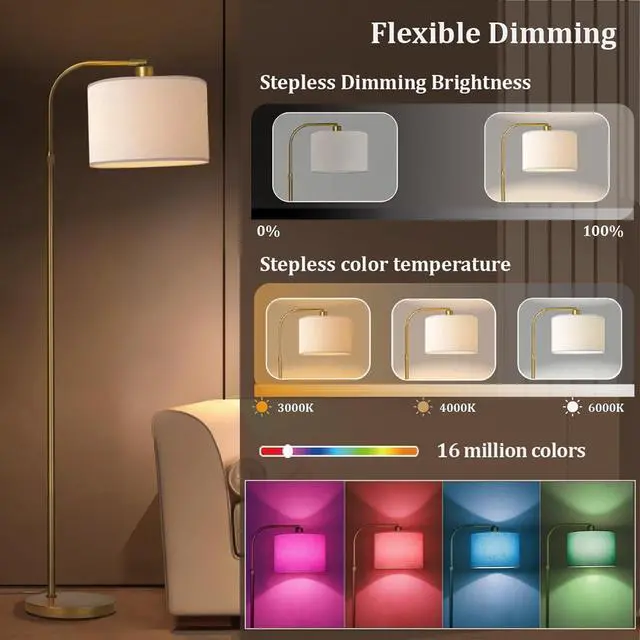 Alt view image 3 of 7 - Gold Floor Lamp with Remote Control, 1200 Lumens Adjustable Height Dimmable Arc Floor Lamp for Living Room, Modern Gold Standing Lamp for Bedroom, Office, LED Smart Bulb Included