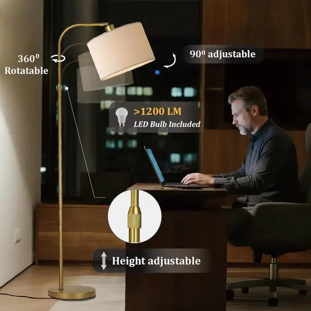 Alt view image 4 of 7 - Gold Floor Lamp with Remote Control, 1200 Lumens Adjustable Height Dimmable Arc Floor Lamp for Living Room, Modern Gold Standing Lamp for Bedroom, Office, LED Smart Bulb Included