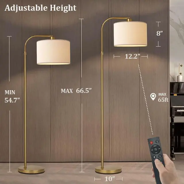 Alt view image 6 of 7 - Gold Floor Lamp with Remote Control, 1200 Lumens Adjustable Height Dimmable Arc Floor Lamp for Living Room, Modern Gold Standing Lamp for Bedroom, Office, LED Smart Bulb Included