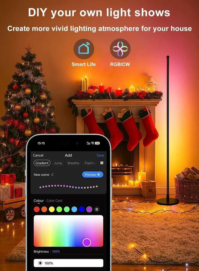 Alt view image 2 of 7 - Corner Floor Lamp, Smart RGBICW LED Corner Lamp with App and Remote Control, 16 Million DIY Colors, Music Sync, Modern LED Floor Lamp for Living Rooms, Bedrooms, and Gaming Rooms