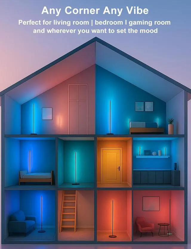 Alt view image 6 of 7 - Corner Floor Lamp, Smart RGBICW LED Corner Lamp with App and Remote Control, 16 Million DIY Colors, Music Sync, Modern LED Floor Lamp for Living Rooms, Bedrooms, and Gaming Rooms