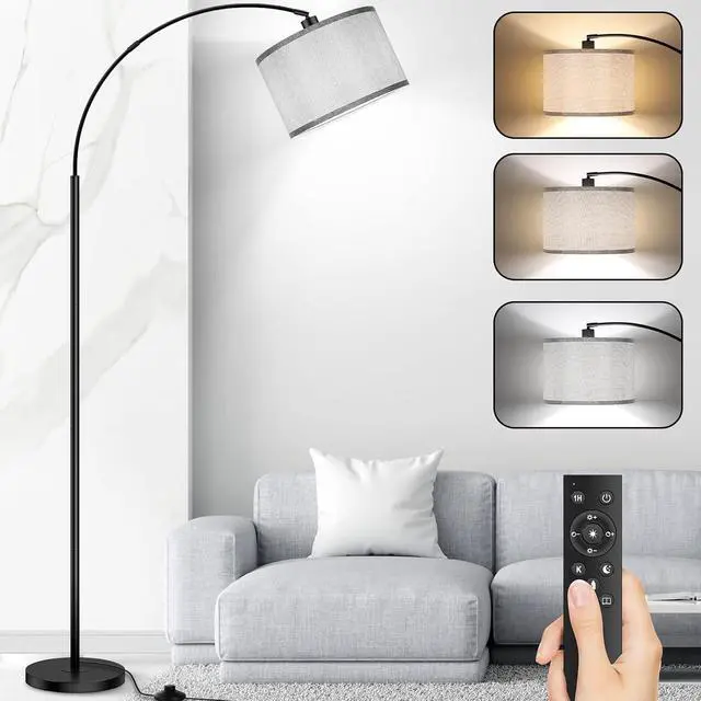 Main image of Arc Floor Lamps for Living Room, Modern Remote Control Standing Lamp with Stepless Dimmable, Black Tall Lamp with Gary Drum Shade, Over Couch Arched Reading Light for Bedroom, Office(Bulb Included)