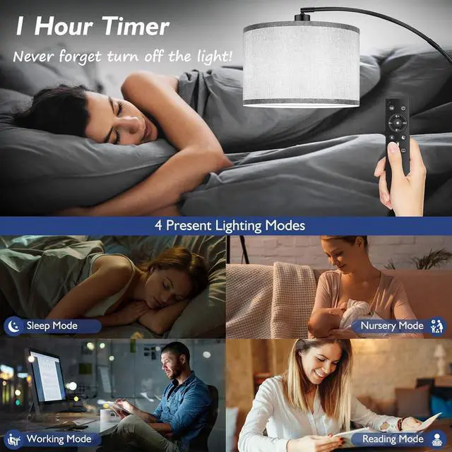 Alt view image 4 of 6 - Arc Floor Lamps for Living Room, Modern Remote Control Standing Lamp with Stepless Dimmable, Black Tall Lamp with Gary Drum Shade, Over Couch Arched Reading Light for Bedroom, Office(Bulb Included)