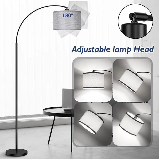 Alt view image 5 of 6 - Arc Floor Lamps for Living Room, Modern Remote Control Standing Lamp with Stepless Dimmable, Black Tall Lamp with Gary Drum Shade, Over Couch Arched Reading Light for Bedroom, Office(Bulb Included)