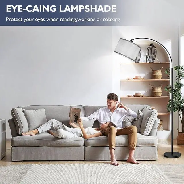 Alt view image 6 of 6 - Arc Floor Lamps for Living Room, Modern Remote Control Standing Lamp with Stepless Dimmable, Black Tall Lamp with Gary Drum Shade, Over Couch Arched Reading Light for Bedroom, Office(Bulb Included)