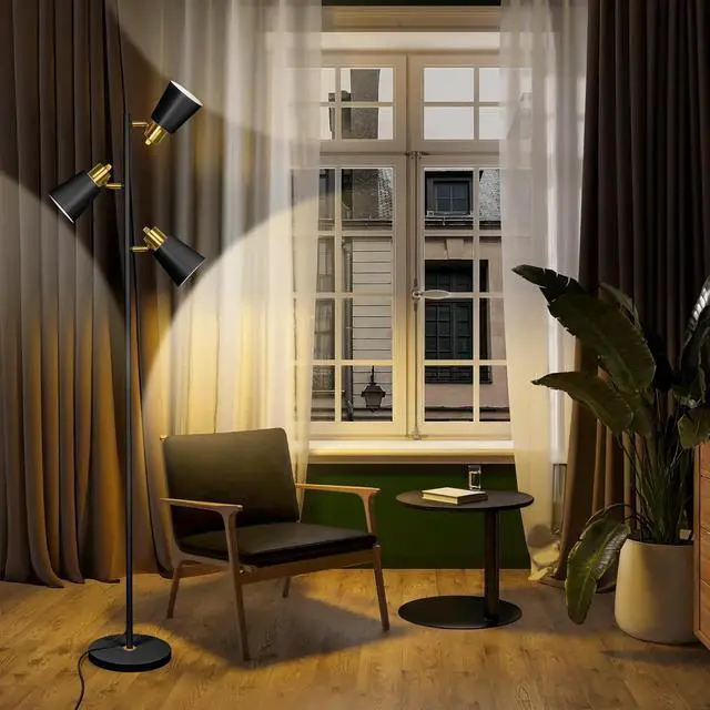 Alt view image 2 of 7 - Tree Floor Lamp for Living Room, Industrial 3-Light Standing Lamp with 3 LED Bulbs, Adjustable Rotation Heads, Standing Tall Pole Lamp Farmhouse Rustic Reading Lamps for Bedroom Office (Black Gold)