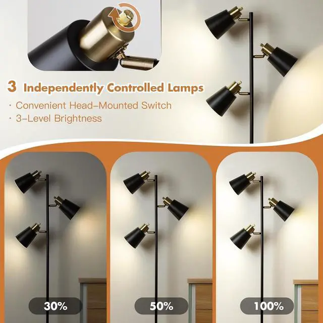 Alt view image 3 of 7 - Tree Floor Lamp for Living Room, Industrial 3-Light Standing Lamp with 3 LED Bulbs, Adjustable Rotation Heads, Standing Tall Pole Lamp Farmhouse Rustic Reading Lamps for Bedroom Office (Black Gold)