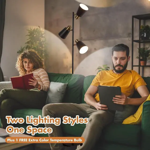 Alt view image 4 of 7 - Tree Floor Lamp for Living Room, Industrial 3-Light Standing Lamp with 3 LED Bulbs, Adjustable Rotation Heads, Standing Tall Pole Lamp Farmhouse Rustic Reading Lamps for Bedroom Office (Black Gold)