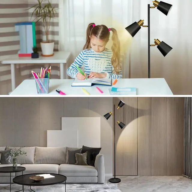 Alt view image 5 of 7 - Tree Floor Lamp for Living Room, Industrial 3-Light Standing Lamp with 3 LED Bulbs, Adjustable Rotation Heads, Standing Tall Pole Lamp Farmhouse Rustic Reading Lamps for Bedroom Office (Black Gold)