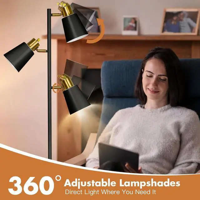 Alt view image 6 of 7 - Tree Floor Lamp for Living Room, Industrial 3-Light Standing Lamp with 3 LED Bulbs, Adjustable Rotation Heads, Standing Tall Pole Lamp Farmhouse Rustic Reading Lamps for Bedroom Office (Black Gold)