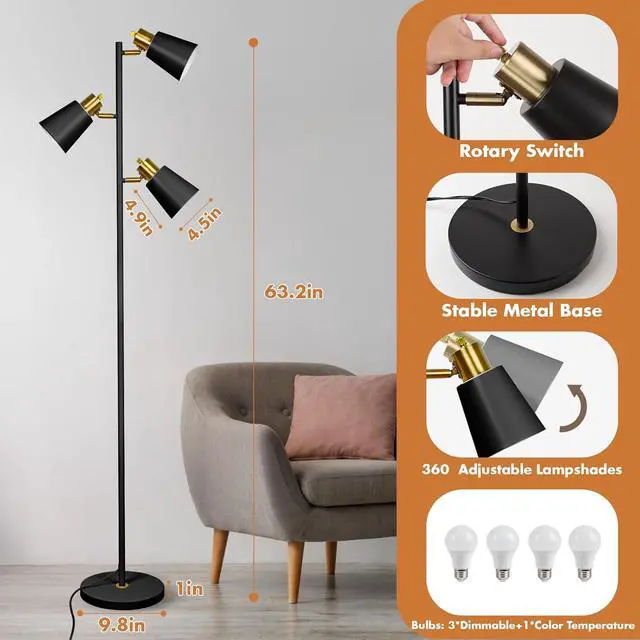 Alt view image 7 of 7 - Tree Floor Lamp for Living Room, Industrial 3-Light Standing Lamp with 3 LED Bulbs, Adjustable Rotation Heads, Standing Tall Pole Lamp Farmhouse Rustic Reading Lamps for Bedroom Office (Black Gold)