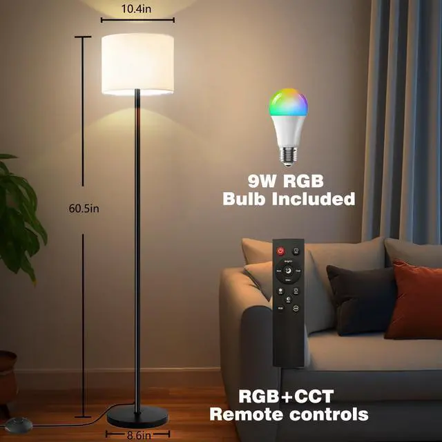 Alt view image 2 of 7 - Smart Floor Lamp with APP & Remote Control - Dimmable RGB & White Light (3000K-6500K) for Living Room, Bedroom, Office - Modern Standing Lamp with 9W LED Bulb Included