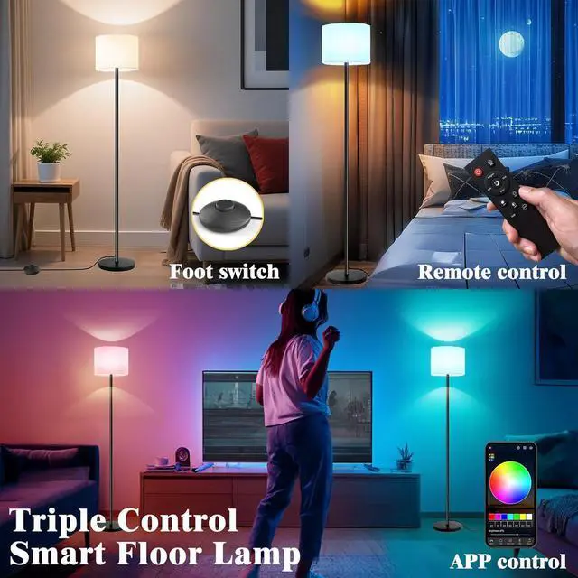 Alt view image 3 of 7 - Smart Floor Lamp with APP & Remote Control - Dimmable RGB & White Light (3000K-6500K) for Living Room, Bedroom, Office - Modern Standing Lamp with 9W LED Bulb Included