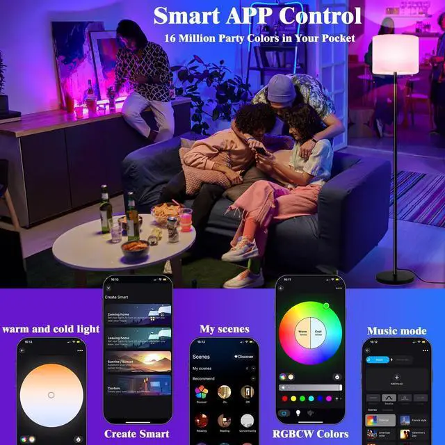 Alt view image 7 of 7 - Smart Floor Lamp with APP & Remote Control - Dimmable RGB & White Light (3000K-6500K) for Living Room, Bedroom, Office - Modern Standing Lamp with 9W LED Bulb Included