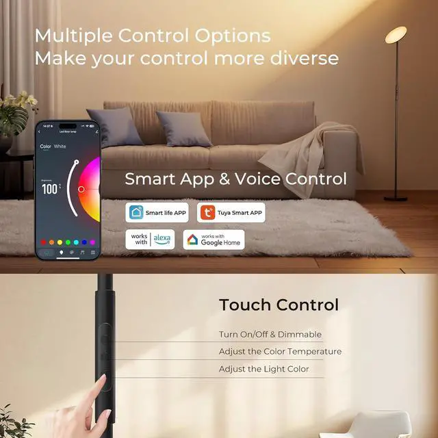 Alt view image 2 of 7 - Smart Floor Lamp, 2800LM RGBWW Standing Lamps for Living Room with Smart App & Voice Control, 69.3in Torchiere Floor Lamps Color Changing, 350°Rotating LED Tall Lamp for Bedroom Office Gaming Party