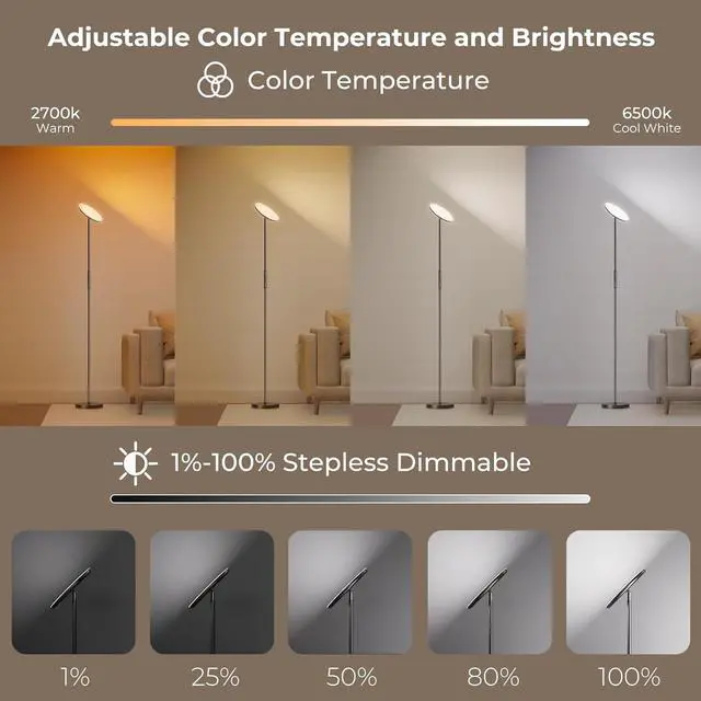 Alt view image 4 of 7 - Smart Floor Lamp, 2800LM RGBWW Standing Lamps for Living Room with Smart App & Voice Control, 69.3in Torchiere Floor Lamps Color Changing, 350°Rotating LED Tall Lamp for Bedroom Office Gaming Party