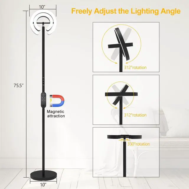 Alt view image 2 of 6 - Floor Lamp for Living Room, 75.5 Inch Tall Standing Lamp for Bedroom with 2 312° Rotatable Ring Lights, 36W Bright Stepless Dimmable LED Floor Light with Remote Control for Office Dining Room