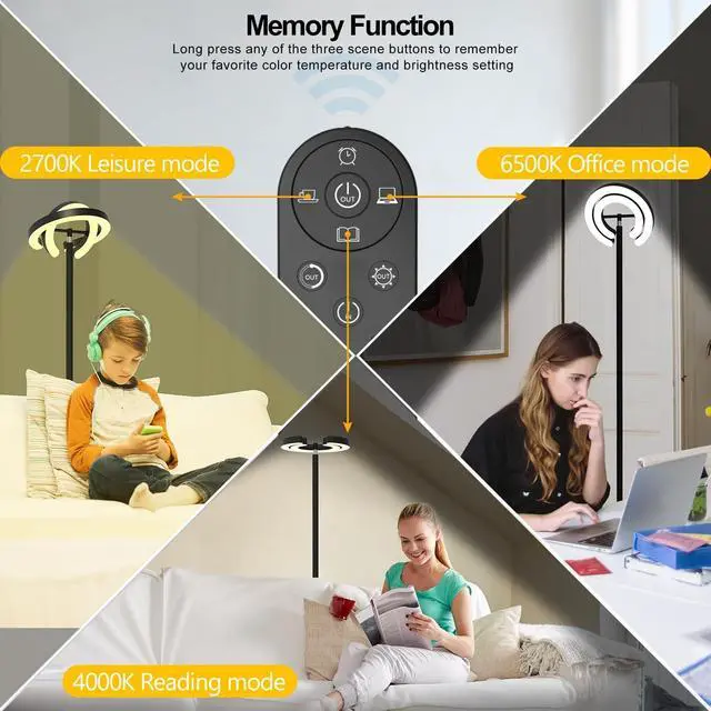 Alt view image 3 of 6 - Floor Lamp for Living Room, 75.5 Inch Tall Standing Lamp for Bedroom with 2 312° Rotatable Ring Lights, 36W Bright Stepless Dimmable LED Floor Light with Remote Control for Office Dining Room