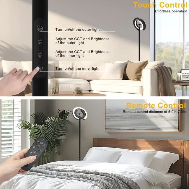 Alt view image 4 of 6 - Floor Lamp for Living Room, 75.5 Inch Tall Standing Lamp for Bedroom with 2 312° Rotatable Ring Lights, 36W Bright Stepless Dimmable LED Floor Light with Remote Control for Office Dining Room