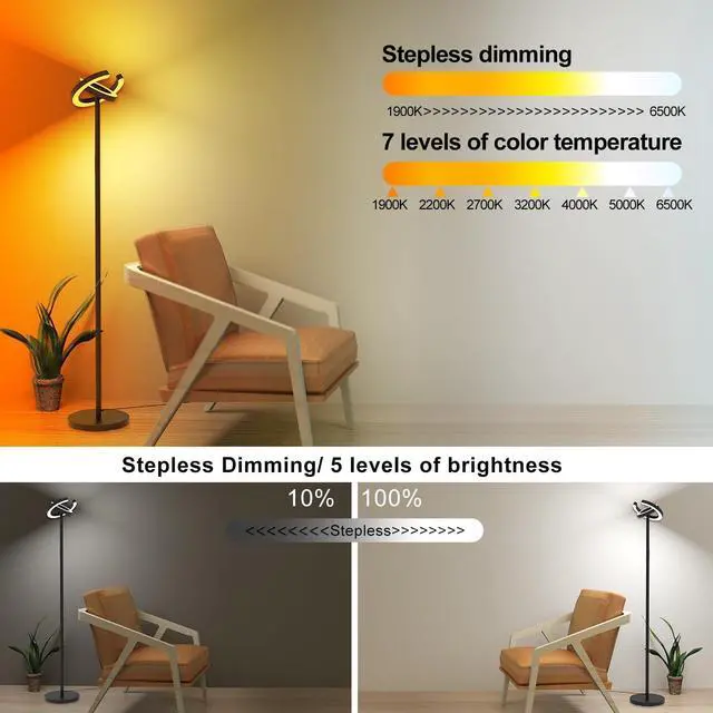 Alt view image 6 of 6 - Floor Lamp for Living Room, 75.5 Inch Tall Standing Lamp for Bedroom with 2 312° Rotatable Ring Lights, 36W Bright Stepless Dimmable LED Floor Light with Remote Control for Office Dining Room