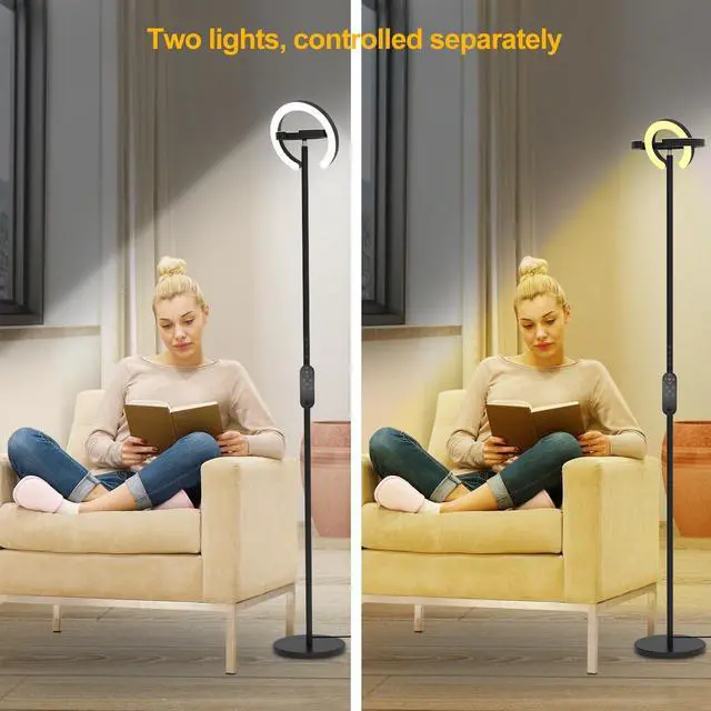 Alt view image 5 of 6 - Floor Lamp for Living Room, 75.5 Inch Tall Standing Lamp for Bedroom with 2 312° Rotatable Ring Lights, 36W Bright Stepless Dimmable LED Floor Light with Remote Control for Office Dining Room