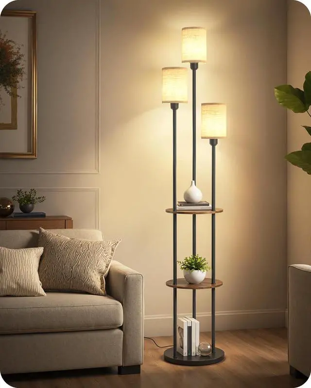 Main image of Floor Lamp with Shelves, Modern Floor Lamp with 3 Linen Shades and Foot Switch, 3-Light Standing Lamp, for Living Room, Bedroom, Study, Office, Rustic Brown and Beige EF53LD05
